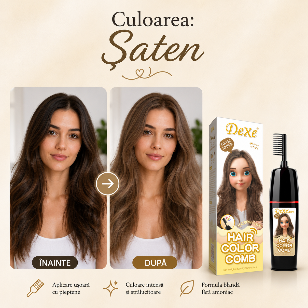 Vopsea de Păr cu Aplicator Tip Pieptene – Fără Amoniac, Contine Ghimbir si Ginseng, Instant